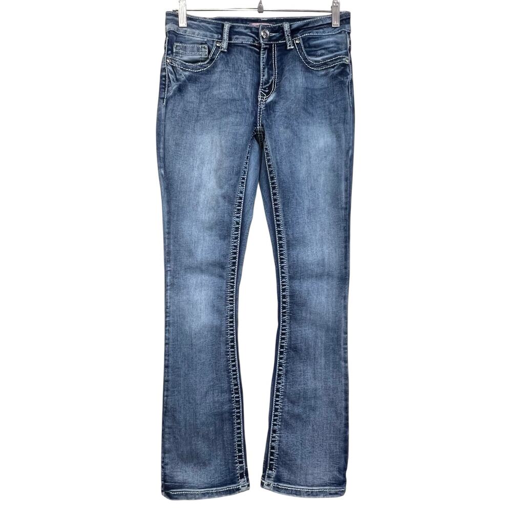 True Luck Womens 9/10 Bootcut Jeans Blue Embellished Flap Pockets Stretch